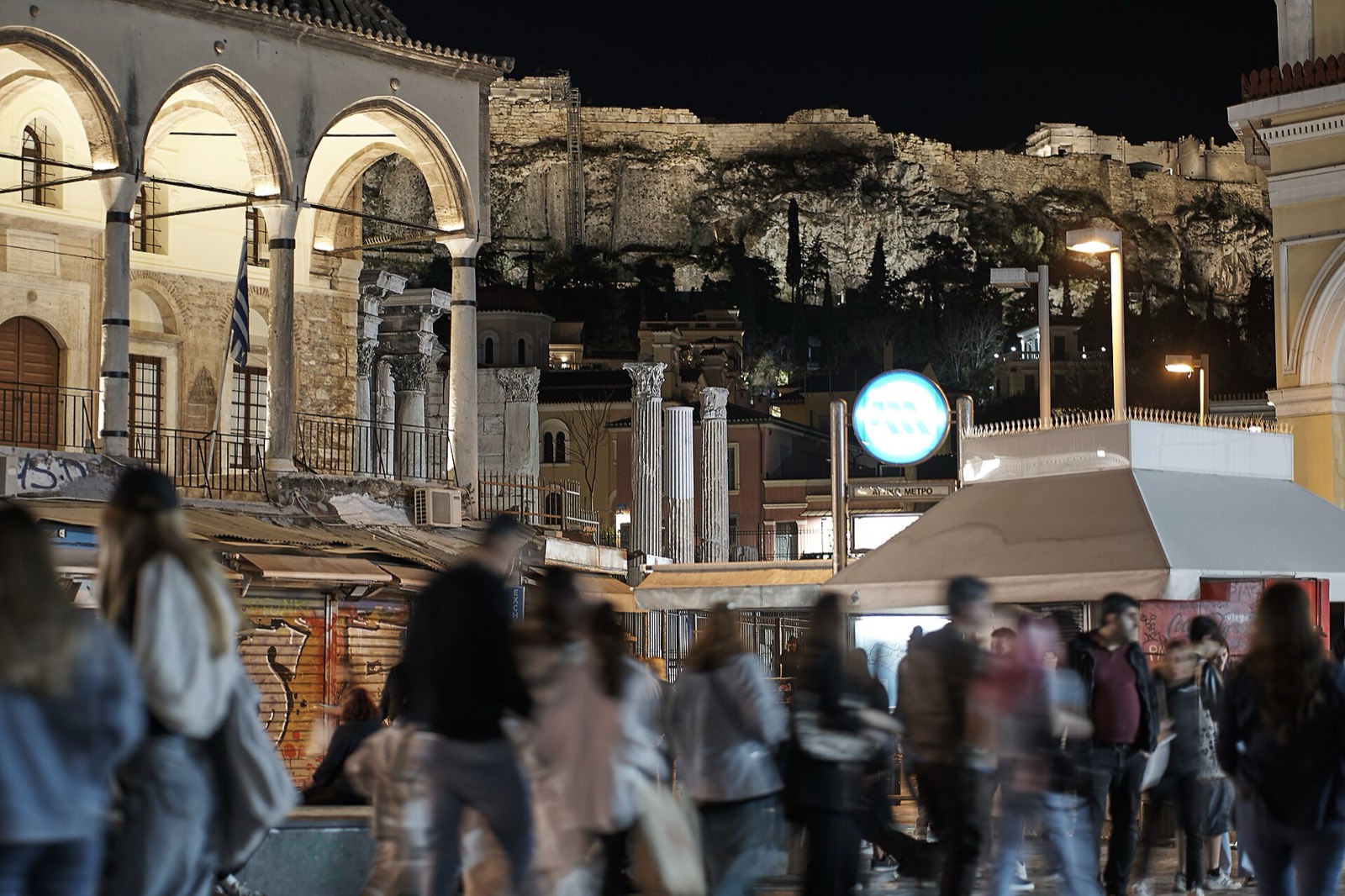 Monastiraki Square at night with the Acropolis above